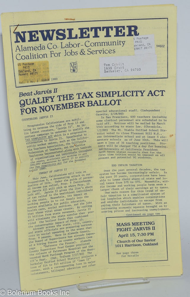 Cat.No: 279278 Newsletter; Alameda Co. Labor-Community Coalition For Jobs & Services, Vol. 2, No. 2 (March 1980) Beat Jarvis II, Qualify the Tax Simplicity Act for November Ballot
