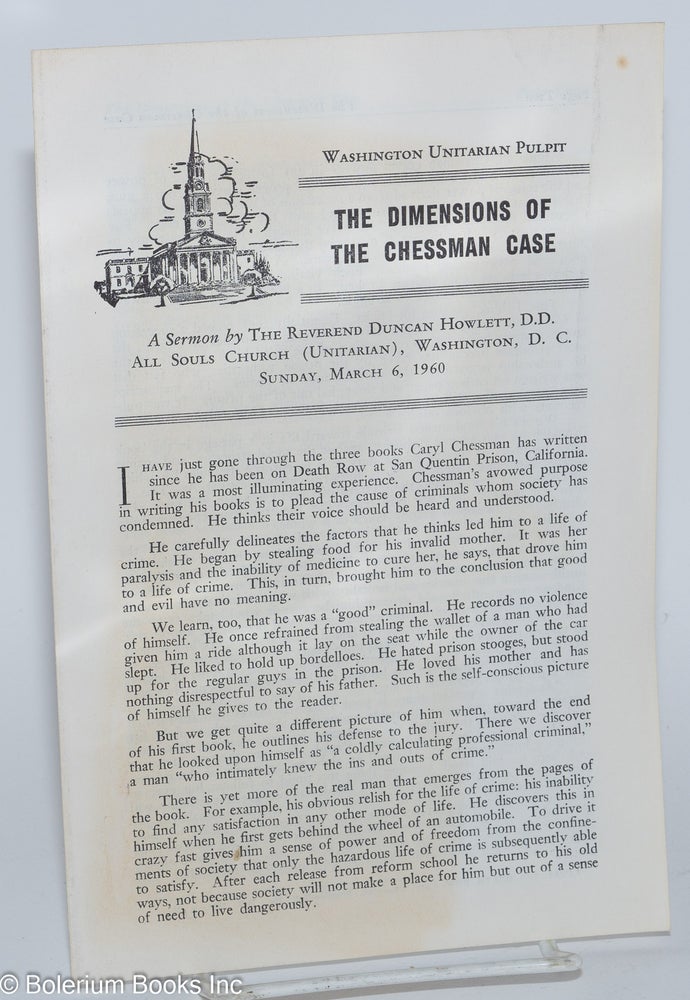 Cat.No: 279318 The Dimensions of the Chessman Case (Sunday, March 6, 1960). Rev. Duncan Howlett.