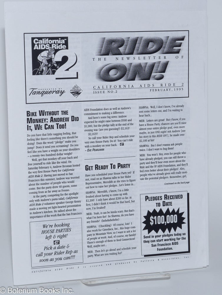 Cat.No: 279512 Ride On! the newsletter of California AIDS Ride 2; #2, February 1995. Eve Pearlman, Andrew Brosnan Richard Johnson, Dr. Susan Bromley.