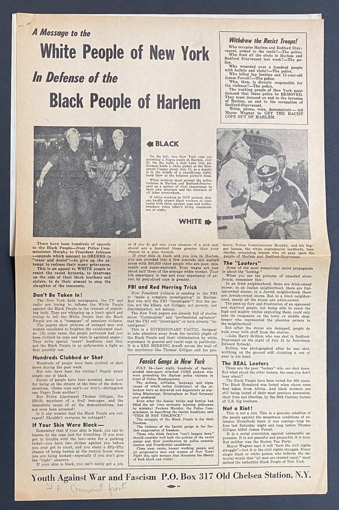 Cat.No: 280304 A message to the White people of New York in defense of the Black people of Harlem [broadside with two cover letters]