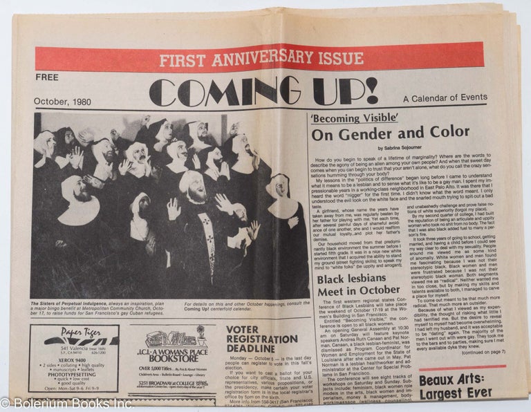 Cat.No: 280859 Coming up! a calendar of events October, 1980; On Gender and Color & Sisters of Perpetul Indulgence. Bill Hartman, Roland Schembari, Sabrina Sojourner Sisters of Perpetual Indulgence, Maggie Rose.