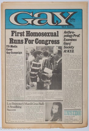 Cat.No: 280993 Gay: vol. 2, #46, March 15, 1971: First Homosexual Runs for Congress. Lige...