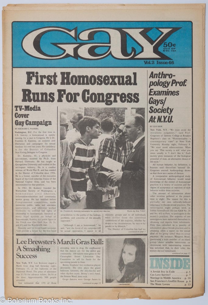Cat.No: 280993 Gay: vol. 2, #46, March 15, 1971: First Homosexual Runs for Congress. Lige Clarke, Jack Nichols, Dr. Kameny Richard C. Wandel, Arthur Bell, Randolfe Wicker, Dick Leitsch, Lee Brewer, Leo Skir.