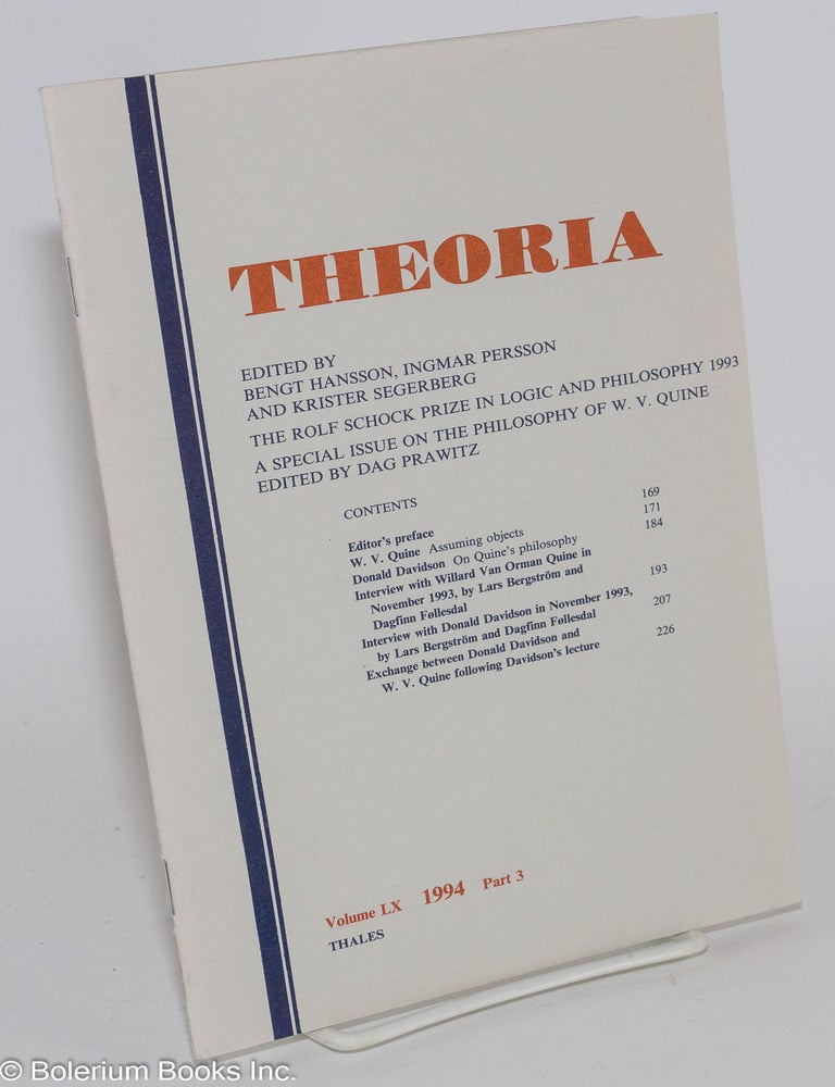 Cat.No: 282048 On Quine's philosophy. Donald Davidson, Ingmar Persson Bengt Hansson, eds, Krister Segerberg.