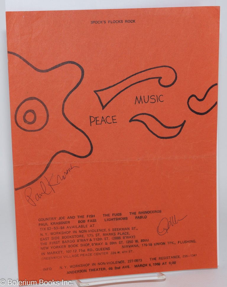 Cat.No: 282565 Peace music, country Joe and the Fish, The Fugs, The Rhinoceros, Paul Krassner, Bob Fass, lightshows, Pablo .... Anderson Theater, 66 2nd Ave., March 6, 1968 at 8:00 [Leaflet]. The Fugs Paul Krassner, Country Joe, the Fish, New York Workshop in Nonviolence, The Resistance.
