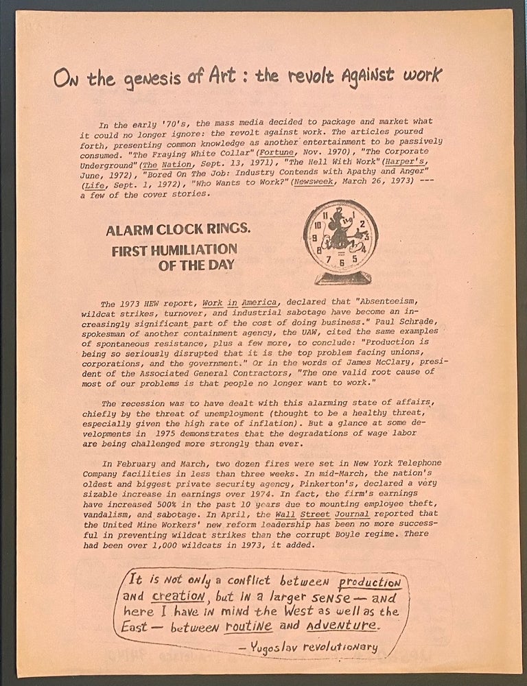 Cat.No: 282599 On the genesis of art: the revolt against work [handbill]