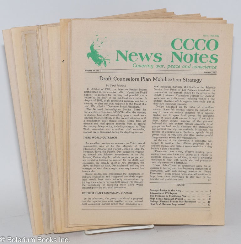 Cat.No: 283116 CCCO News Notes, covering war, peace and conscience [1983-1989, fragmentary run of 19 issues]. CCCO, Central Committee for Conscientious Objectors.
