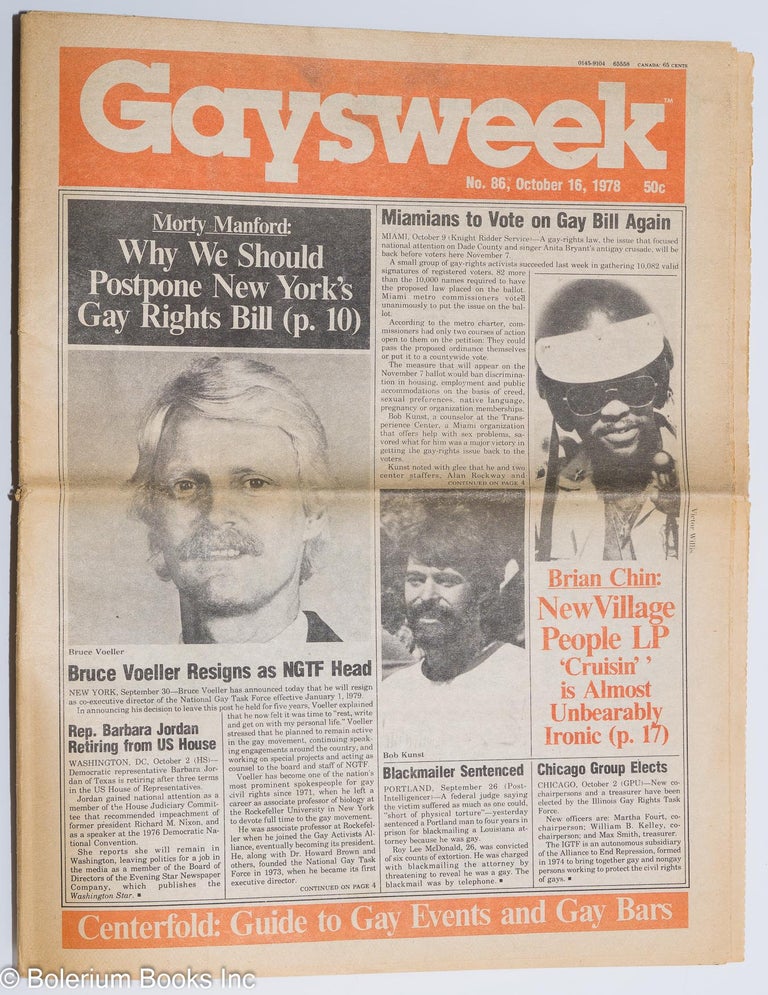 Cat.No: 283269 Gaysweek: #86, October 16, 1978; Bruce Voeller Resigns as NGTF Head. Alan Bell, Brian Chin Bruce Voeller, Morty Manford.