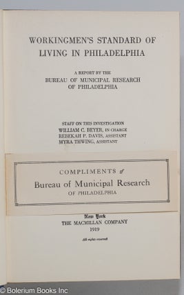 Workingmen's standard of living in Philadelphia: a report by the Bureau of Municipal Research of Philadelphia