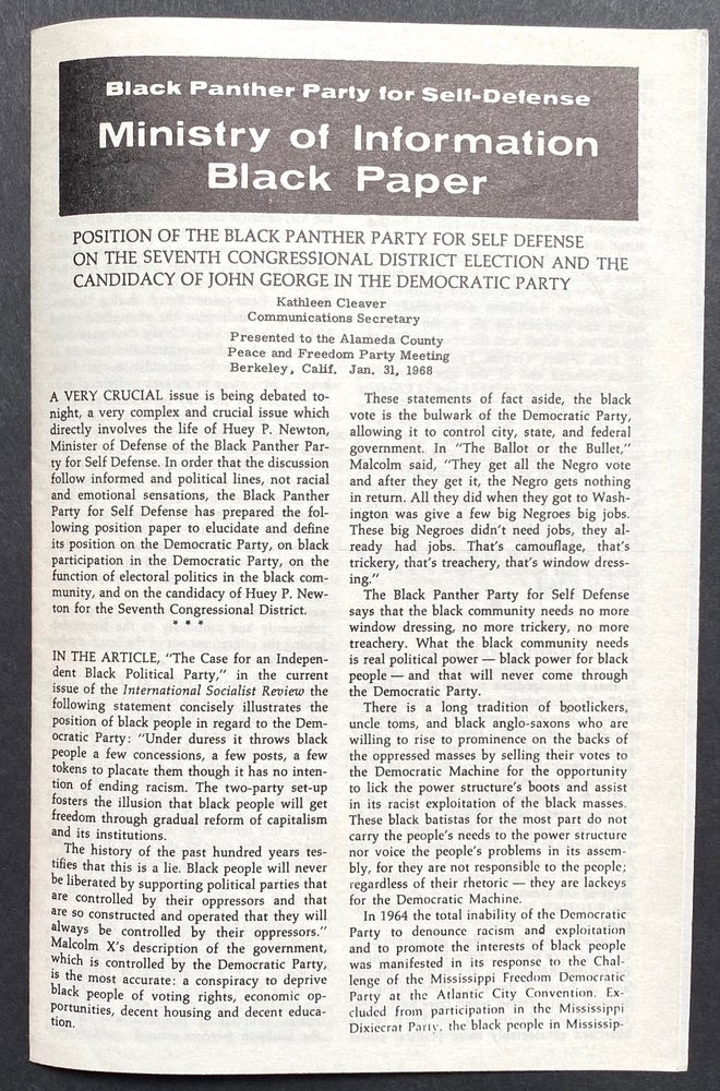 Cat.No: 284292 Black Panther Party for Self Defense, Ministry of Information Black Paper. Position of the Black Panther Party for Self Defense on the Seventh Congressional District Election and the candidacy of John George in the Democratic Party