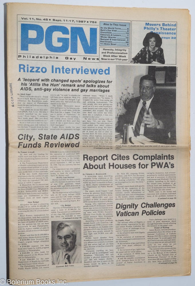 Cat.No: 284803 PGN: Philadelphia Gay News; vol. 11, #45, Sept. 11-17, 1987: Rizzo Interviewed. Stanley Ward, Tommi Avicolli Victoria A. Brownworth, Steve Warren, Mark Segal.