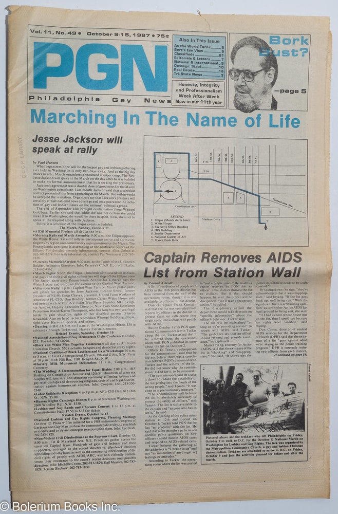Cat.No: 284807 PGN: Philadelphia Gay News; vol. 11, #49, Oct. 9-15, 1987: Marching in the Name of Life. Stanley Ward, Tommi Avicolli Victoria A. Brownworth, Steve Warren, Paul Hanson.