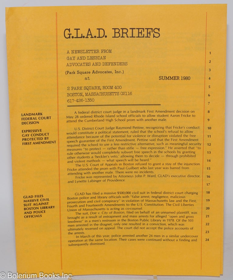 Cat.No: 284888 G.L.A.D. Briefs: a newsletter from Gay and Lesbian Advocates and Defenders Summer 1980. John P. Ward.
