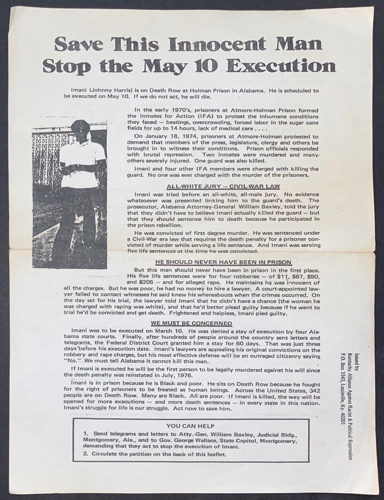 Cat.No: 284997 Save this innocent man. Stop the May 10 execution [handbill]. Johnny Harris, a. k a. Imani.
