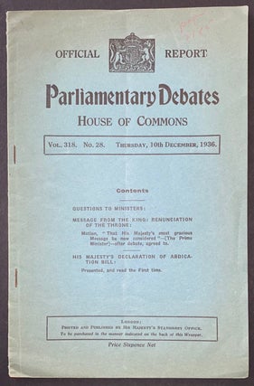 Cat.No: 285505 Official report: Parliamentary debates. [Abdication of Edward VIII]. Vol....
