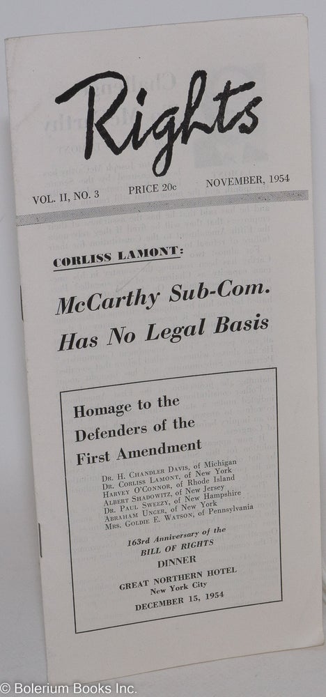 Cat.No: 287143 Rights, vol. 2, no. 3. November, 1954. Emergency Civil Liberties Committee.