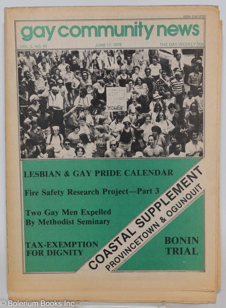 Cat.No: 287161 GCN: Gay Community News; the gay weekly; vol. 5, #48, June 17, 1978: Lesbian & Gay Pride Calendar. Harry Seng, Pamela Robbins, Harold Pickett David Brill, Michael Bronski.