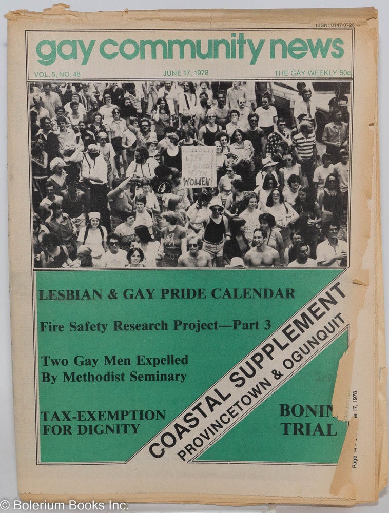 Cat.No: 287162 GCN: Gay Community News; the gay weekly; vol. 5, #48, June 17, 1978: Lesbian & Gay Pride Calendar. Harry Seng, Pamela Robbins, Harold Pickett David Brill, Michael Bronski.