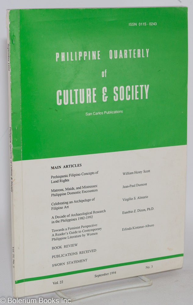 Cat.No: 287253 Philippine Quarterly of Culture & Society: Volume 22, Number 3, September 1994