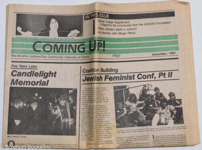 Cat.No: 287458 Coming Up! December 1983; Five Years Later: Candlelight Memorial for Harvey Milk. Kim Corsaro, A. Billy S. Jones Harvey Milk, Dr. Tom Waddell, Bernice Soohoo Lee, Marge Piercy.