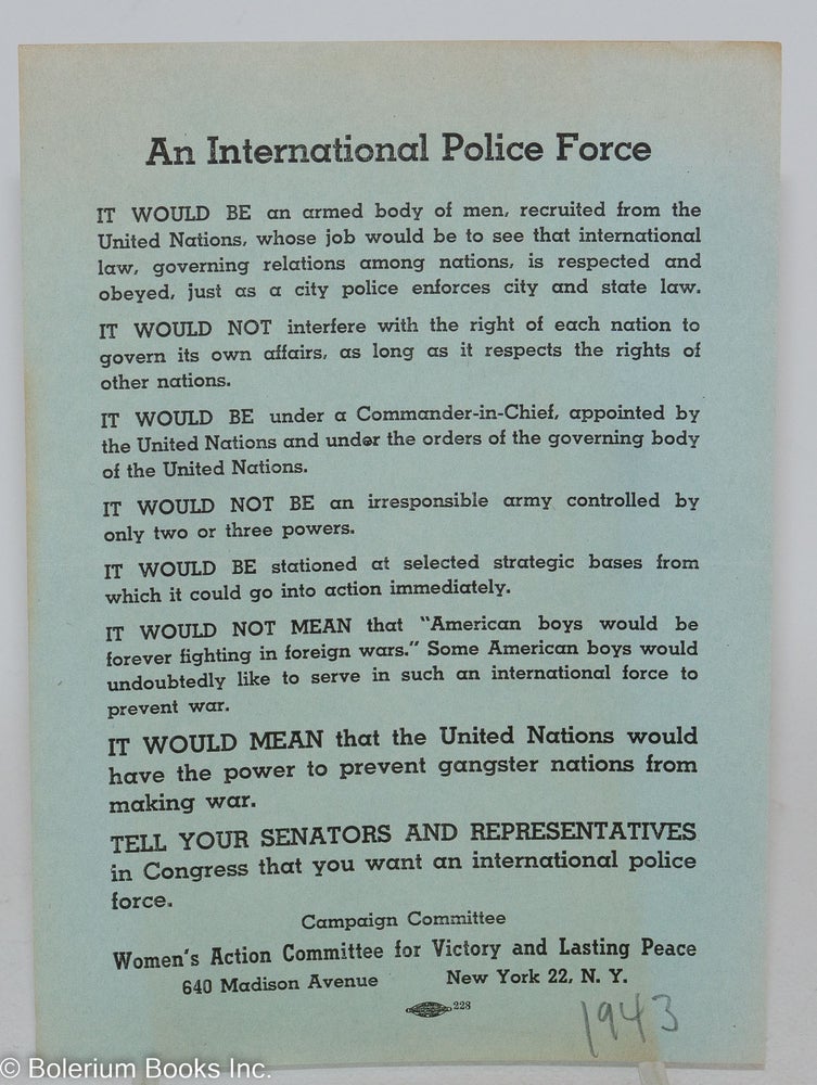Cat.No: 287631 An International Police Force. Women's Action Committee.