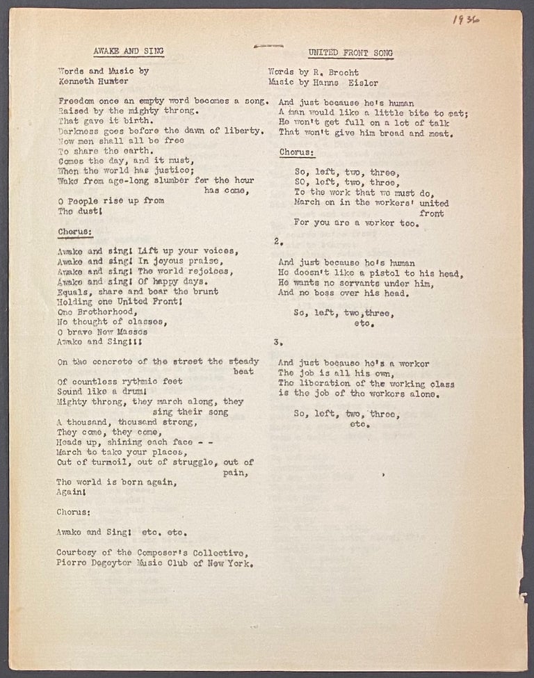 Cat.No: 288042 Awake and Sing; United Front Song; Swing Along [two mimeographed sheets with lyrics for three songs]. Kenneth Hunter, R. Brecht, Hans Eisler.