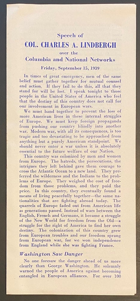 Cat.No: 288057 Speech of Col. Charles A. Lindbergh over the Columbia and National networks. Friday, September 15, 1939. Charles A. Lindbergh.