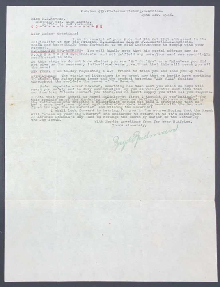 Cat.No: 288166 [Typed letter from the South African fascist Ray K. Rudman]. Ray K. Rudman.