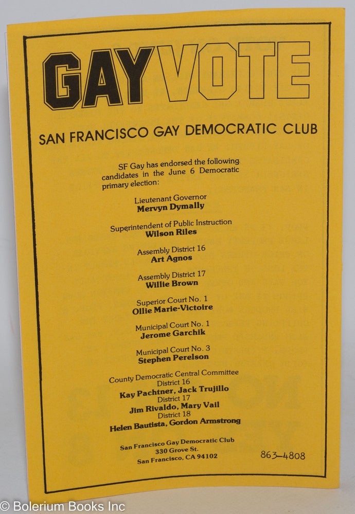 Cat.No: 288305 Gay Vote: San Francisco Gay Democratic Club Endorsements [leaflet