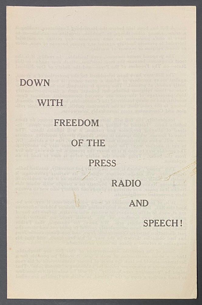 Cat.No: 288344 Down with freedom of the press, radio and speech! Samuel Joseph Bentrick.