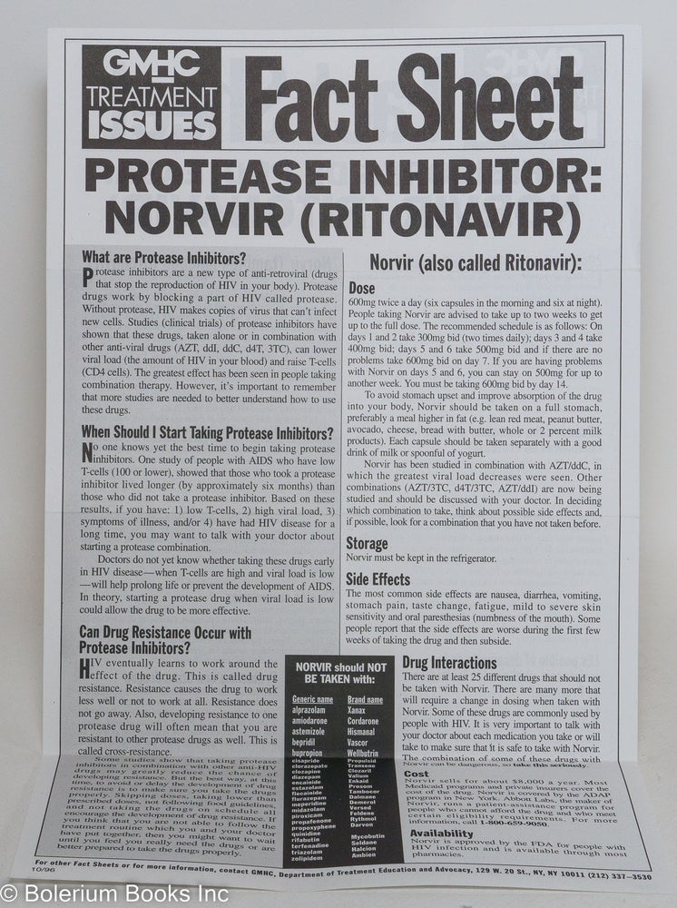 Cat.No: 289243 GMHC Treatment Issues Fact Sheet; Protease Inhibitor: Norvir (Ritonavir)...