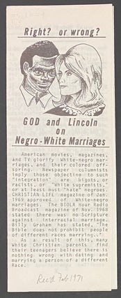 Cat.No: 289628 Right? or Wrong? GOD and Lincoln on Negro-White Marriages. Sheldon Emry