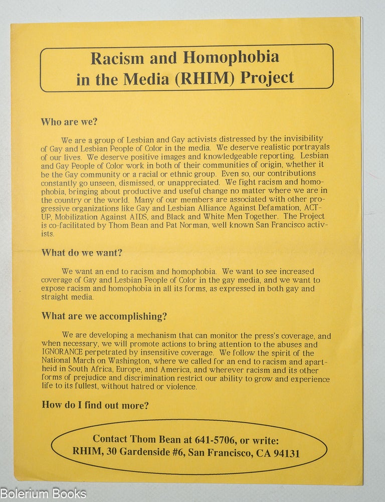 Cat.No: 289909 Racism and Homophobia in the Media Project [handbill]