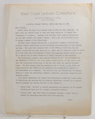 Cat.No: 290175 West Coast Lesbian Collections: a special message from Del Martin &...