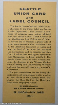 Cat.No: 290198 Seattle Union Card and Label Council. Zee Usbeck, Ida B. Dillon