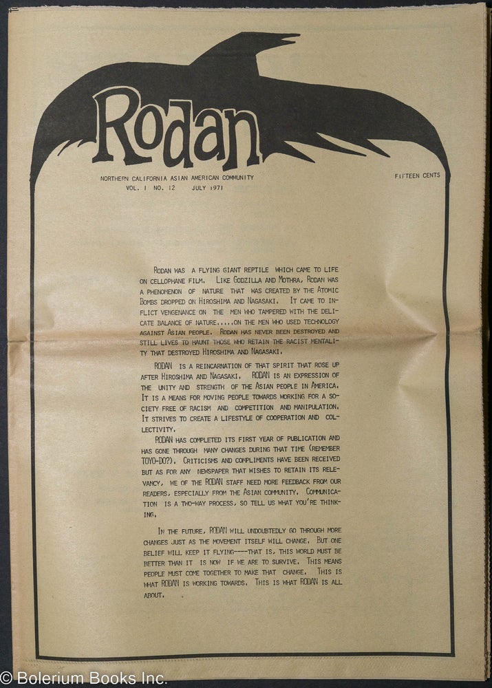 Cat.No: 290506 Rodan; Northern California Asian American community, vol. 1 no. 12 (July 1971)