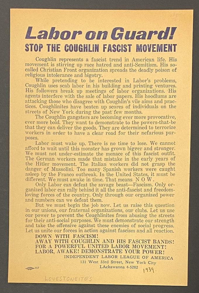 Cat.No: 290689 Labor on guard! Stop the Coughlin Fascist movement [handbill]