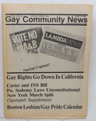 Cat.No: 290931 GCN: Gay Community News; the gay weekly; vol. 7, #46, June 14, 1980; Gay...