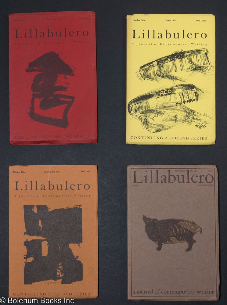 Cat.No: 291197 Lillabulero: a journal of contemporary writing [four issues]. Russell Banks, William Matthews, Dave Kelly A R. Ammons, Toby Olson, Jim Harrison, Robert Creely, Diane Wakowski, Robert Bly, Wendell Berry, Charles Simic, Gary Snyder, Andrei Codrescu, Henry Roth, Peter Wild.