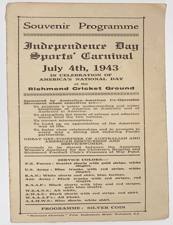 Cat.No: 291536 Souvenir Programme. Independence Day Sports Carnival July 4th, 1943, In celebration of America&rsquo;s National Day at the Richmond Cricket Ground