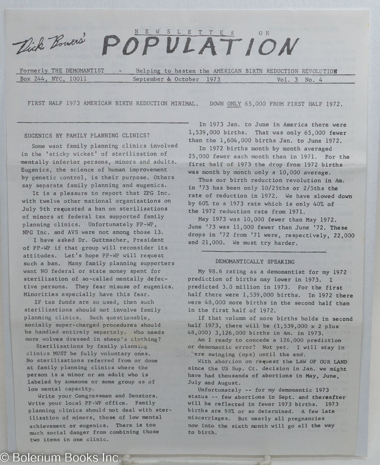 Cat.No: 291642 Newsletter on population; vol. 3, no. 4 (September & October 1973). Dick Bowers.
