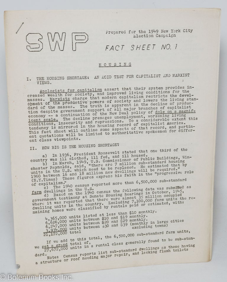 Cat.No: 292605 SWP fact sheet no. 1, prepared for the 1949 New York City election campaign. Socialist Workers Party.