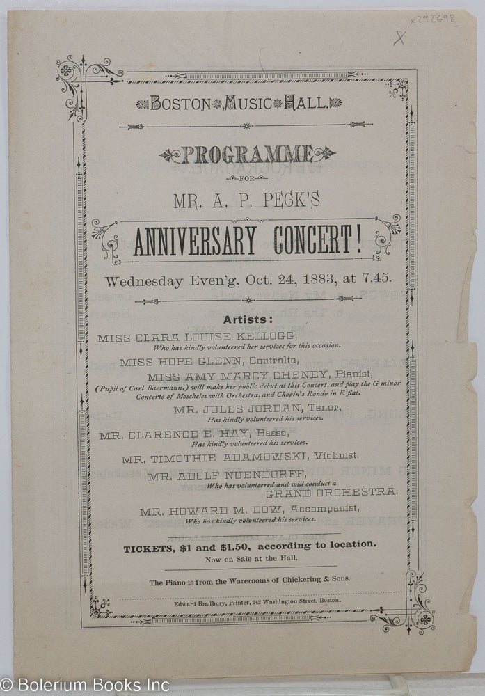 Cat.No: 292698 Boston Music Hall. Programme for Mr. A.P. Peck’s Anniversary Concert! Wednesday Even’g, Oct. 24, 1883, at 7.45.