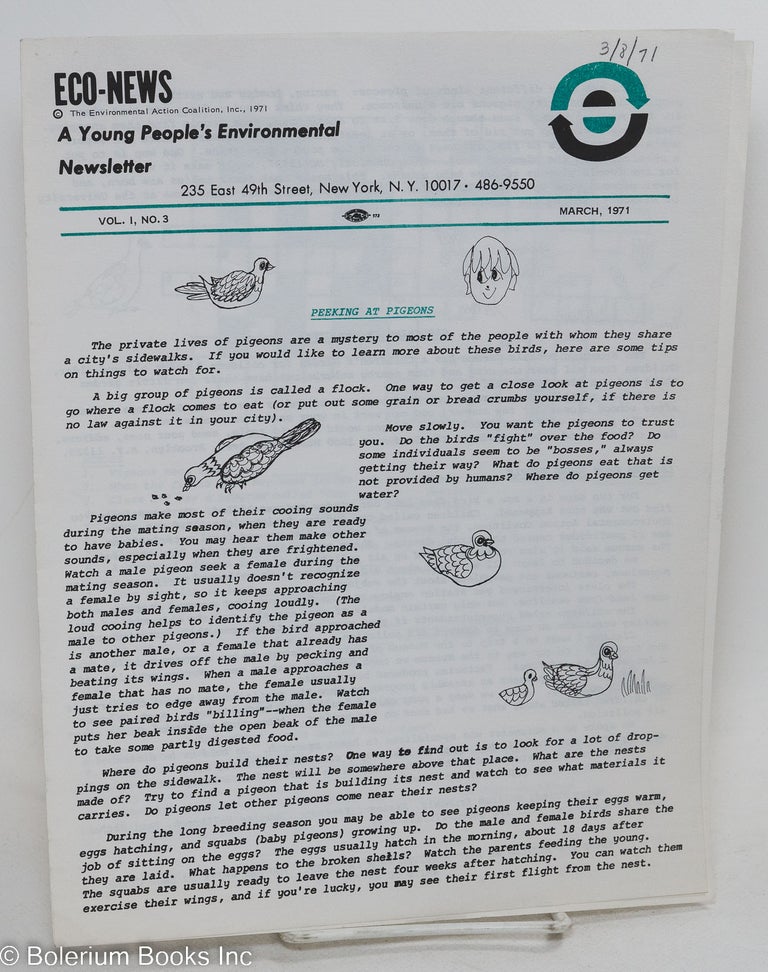 Cat.No: 293866 Eco-news; a young people's environmental newsletter, vol. 1, no. 3 (March 1971)