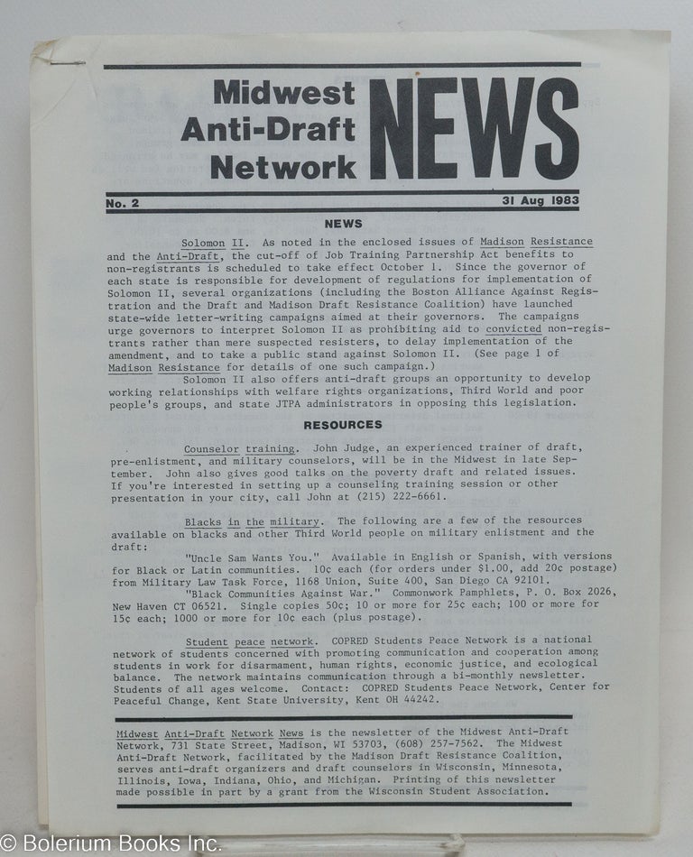 Cat.No: 293895 Midwest anti-draft network news, no. 2 (31 August 1983)