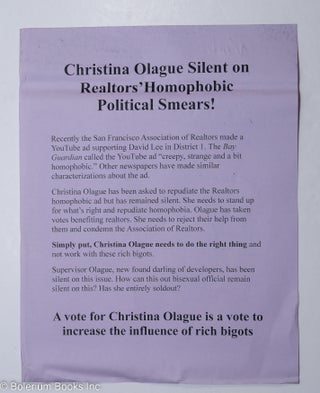 Cat.No: 296684 Christina Olague Silent on Realtors' Homophobic Political Smears!...