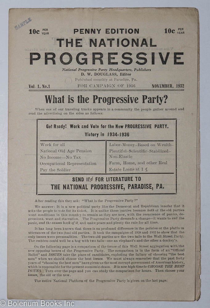 Cat.No: 298219 The national progressive; for campaign of 1936, penny edition vol. 1, no. 1. D. W. Douglass.