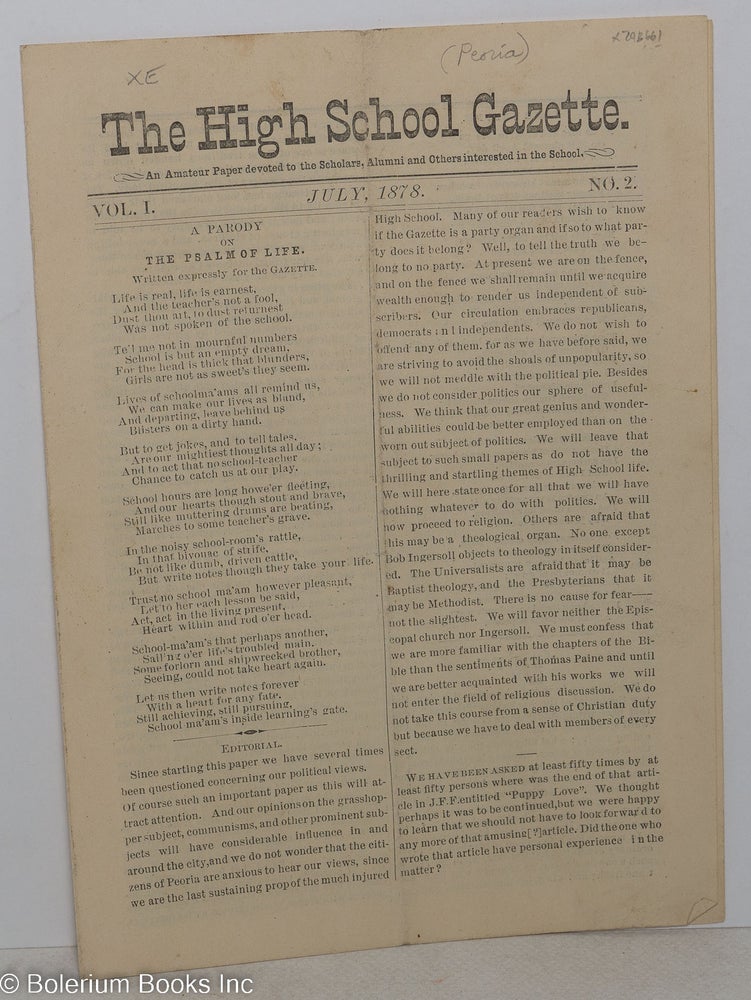 Cat.No: 298661 The High School Gazette. An Amateur Paper devoted to the Scholars, Alumni and Others interested in the School. Vol. 1, No. 2. July 1878.