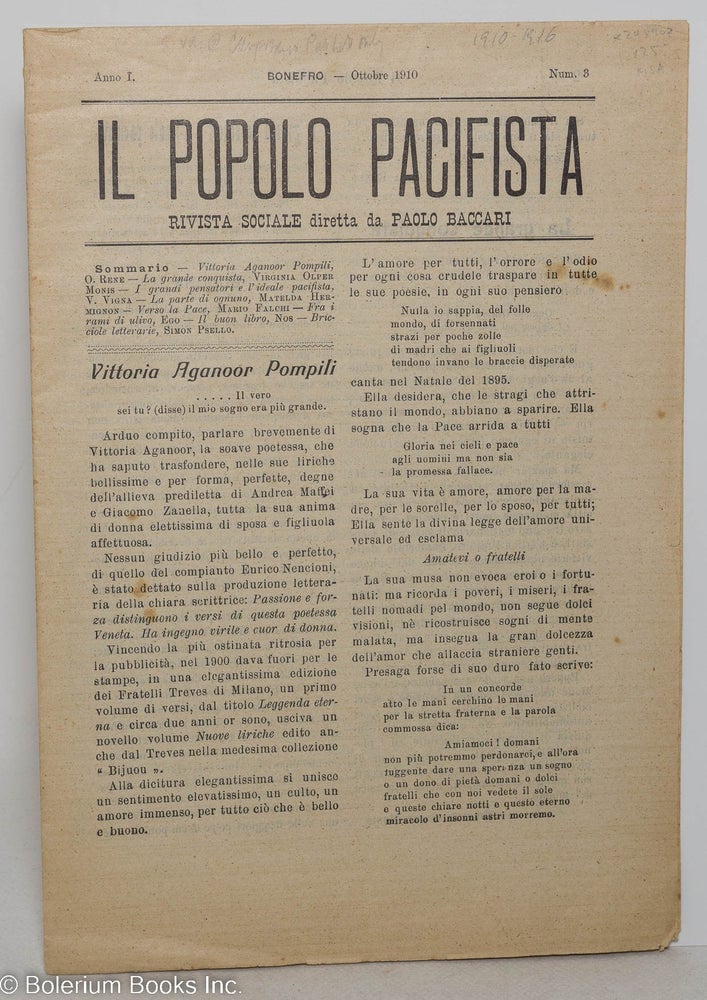 Cat.No: 298907 Il popolo pacifista. Rivista sociale diretta da Paolo Baccari. Anno 1, N. 3. Ottonre 1910.