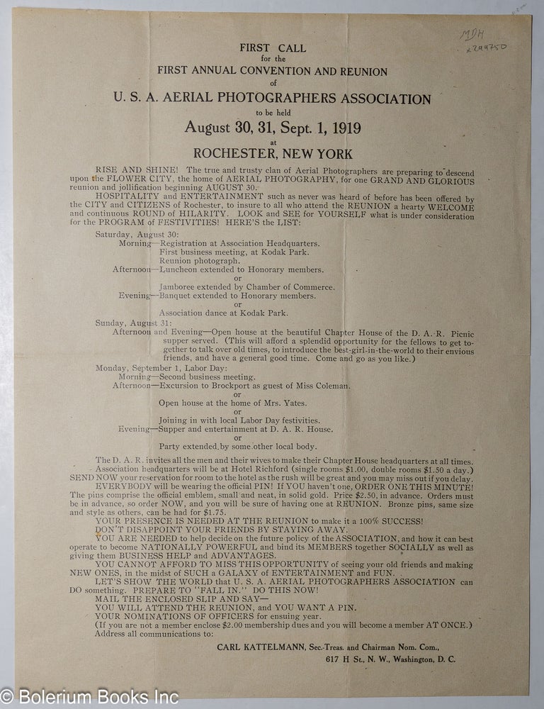 Cat.No: 299750 First Call for the First Annual Convention and Reunion of U.S.A. Aerial Photographers Association to be held August 30, 31, Sept. 1, 1919 at Rochester, New York